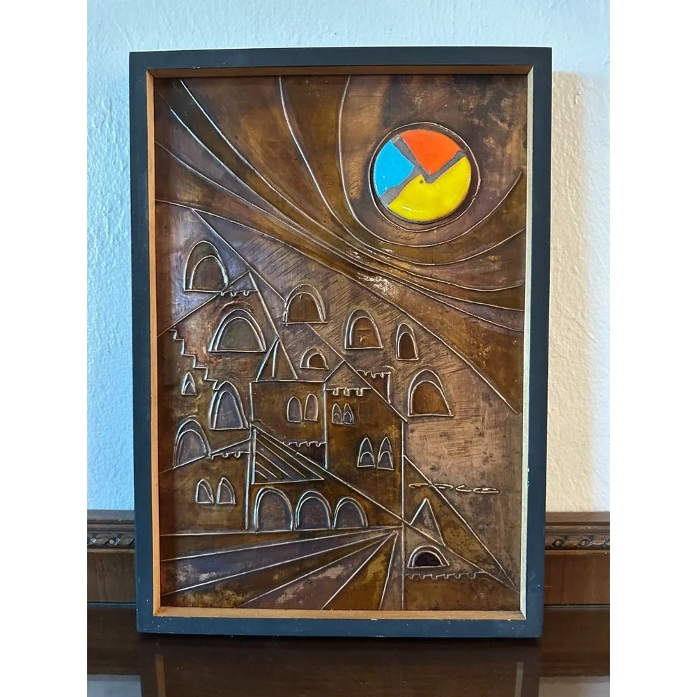 Mid Century Israeli Modern Enamel Copper‎ Wall Art Hanging Artist 15'' x 10''